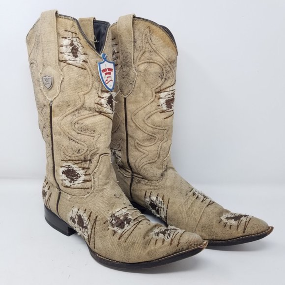Wild West Boots tan canvas distressed/patched‎ pointed/upturned toes 7EE